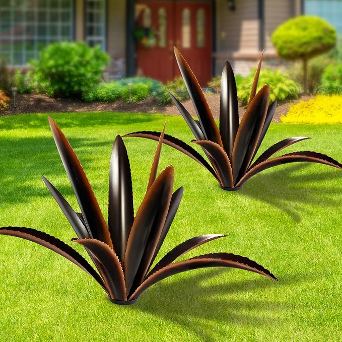 TOMBABY Enlarge Thickened Wind Resistant Metal Agave Garden Art Country Garden Sculpture Statue Outdoor Decoration Agave Metal Plant Courtyard Lawn Ornament Gift (1, 12 Leaves Black)-Ruum Studio Home