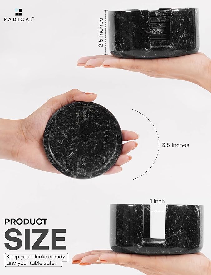 Marble Coasters Set of 6 Black 3.5 Inch Round Coaster for Drinks with Holder, Drink Coaster for Tabletop & Coffee Table Decor, Ideal Home Decor House Warming Gifts-Ruum Studio Home