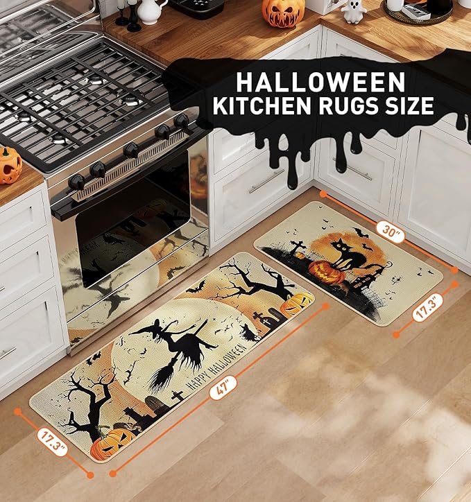 Halloween Kitchen Mat Set of 2, Spooky Witch Pumpkin Cat Halloween Kitchen Decor, Halloween Rug for Floor, Indoor Spooky Home Decor with Non-Slip Backing,17 x 29 Inch & 17 x 47 Inch-Ruum Studio Home