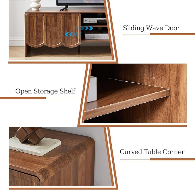 ORRD 63'' TV Stand, Modern TV Console Table Wave Panel Television Stands Entertainment Media Center with Storage Compartment and Sliding Door for Living Room (Walnut)-Ruum Studio Home