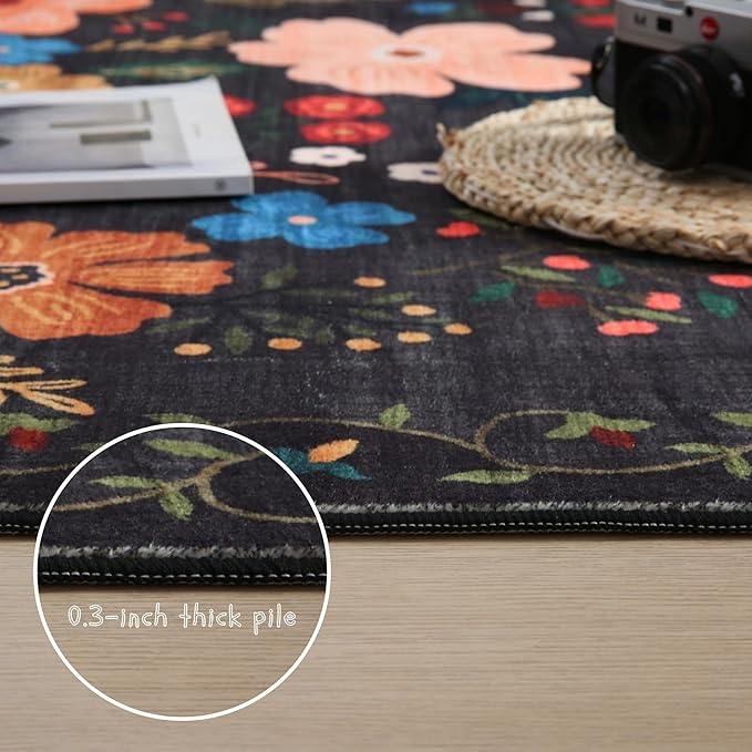 Living Room Rug 6x9 Rug Machine Washable Boho Area Rug Non Slip Floral Vintage Low Pile Large Rug for Living Room, Bedroom, Farmhouse, Dining Room, Kids Playroom(Black)-Ruum Studio Home
