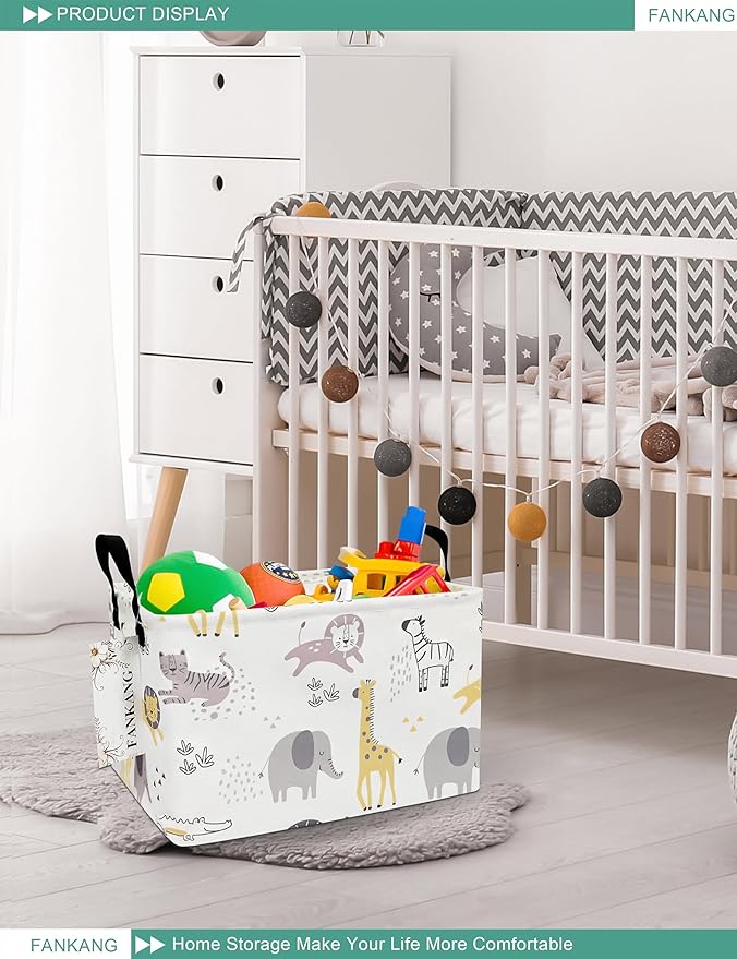 FANKANG Storage Bins, Nursery Hamper Canvas Laundry Basket Foldable with Waterproof PE Coating Large Storage Baskets for Kids Boys and Girls, Office, Bedroom, Clothes,Toys(Rec-Lovely Animals ）-Ruum Studio Home
