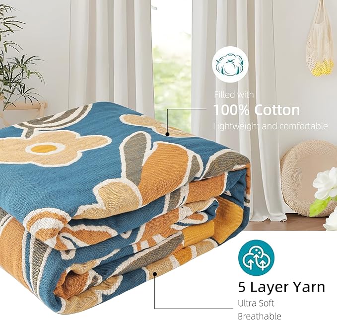 Boho Throw Blanket for Bed - 100% Pure Cotton Ultra Soft Rustic Quilt - Farmhouse Decor Bed Blankets, All Season Rustic Throw for Sofa Couch Chair(60"×80", Floral)-Ruum Studio Home