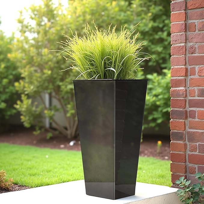 WORTH Garden 28" Large Metal Glazed Planter Set of 2, Luxurious Glossy Finish Black Tall Square Tapered Steel Plant Pots, Decor Flower Pot Indoor & Outdoor, Drainage Hole & Dual-Purpose Plant Saucer-Ruum Studio Home