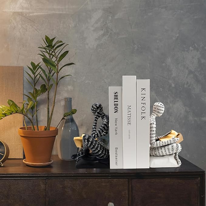Heavy Duty Book Ends for Shelves, Thinker Decorative Bookends for Heavy Books, Unique Book Stoppers to Hold Book, Bookshelf Accessories, Modern Home Office Decor Aesthetic Black & White-Ruum Studio Home