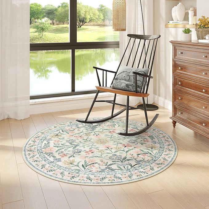 Wonnitar Round Washable Rug, Soft Floral Round Rugs 5ft Circle Carpets for Bedroom Ultra-Thin, Boho Beige Print Distressed Circular Carpet for Living Room Dorm Bedside-Ruum Studio Home