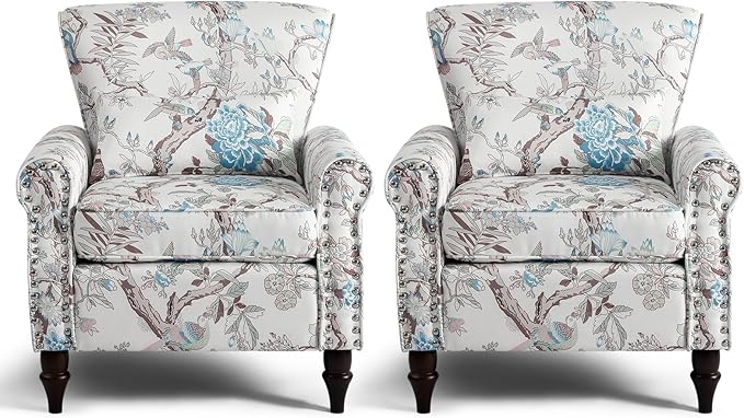 Wingback Accent Chair with Removable Pillow, High Back Floral Armchair with Solid Wood Legs & Nailhead Trim, Comfy Upholstered Reading Single Sofa Chair for Bedroom (2, Bird Floral Pattern)-Ruum Studio Home