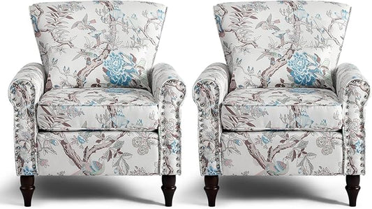 Wingback Accent Chair with Removable Pillow, High Back Floral Armchair with Solid Wood Legs & Nailhead Trim, Comfy Upholstered Reading Single Sofa Chair for Bedroom (2, Bird Floral Pattern)-Ruum Studio Home