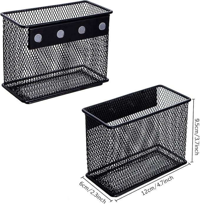 dedoot Magnetic Basket 2 Pack Magnetic Holder Locker Magnetic Pen Holder Magnetic Pencil Holder Strong for Whiteboard Marker, 4.7x2.3x3.7inch Black Mesh Magnetic Pen Holder for Refrigerator Fridge-Ruum Studio Home