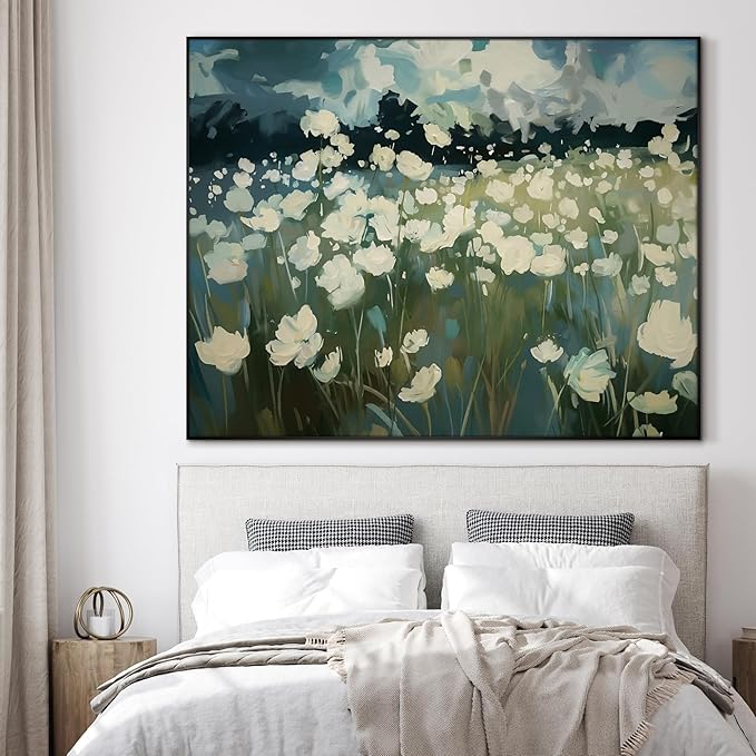 SIGNWIN 60"x72" Extra Large Framed Wall Art White Wildflower Field in Impressionist Style, Soft Floral Landscape for Home Living Room Bedroom Decor (Frame Assembly Required)-Ruum Studio Home