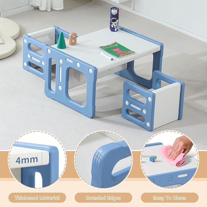 3 in 1 Montessori Weaning Table and 2 Chairs Set, Kids Activity Table Set, 2 Height Levels, Toddlers Activity Table for Drawing, Dining, Reading and Playing, Blue-Ruum Studio Home