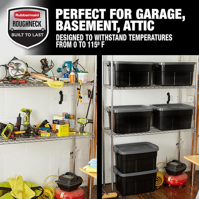 Rubbermaid Roughneck Tote 14 Gal, 6 Pack, Made in USA, Black & Gray, Rugged Plastic Stackable Storage Bins with Lids and Handles-Ruum Studio Home