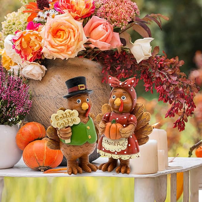 Thanksgiving Turkey Decor - 2Packs Resin Turkey Couple Standing Figurines Thanksgiving Decorations- Fall Decor Indoor for Tables Centerpieces Harvest Farmhouse Kitchen-Ruum Studio Home