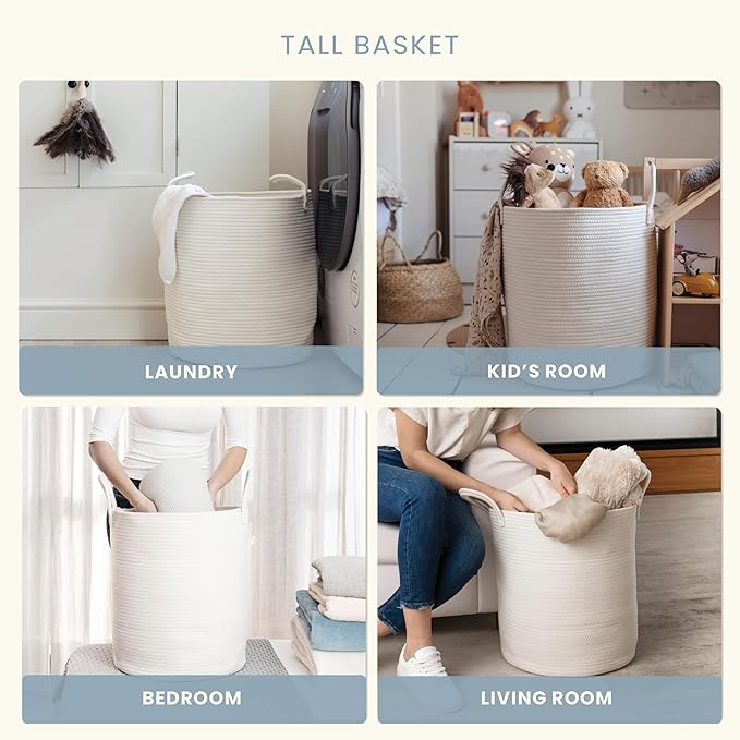 OrganiHaus White Laundry Basket 15x18, Cotton Rope Basket for Blankets, Tall Woven Baskets for Storage, Large Basket for Toys, Soft Blanket Holder Bin, Boho Blanket Basket for Living Room-Ruum Studio Home