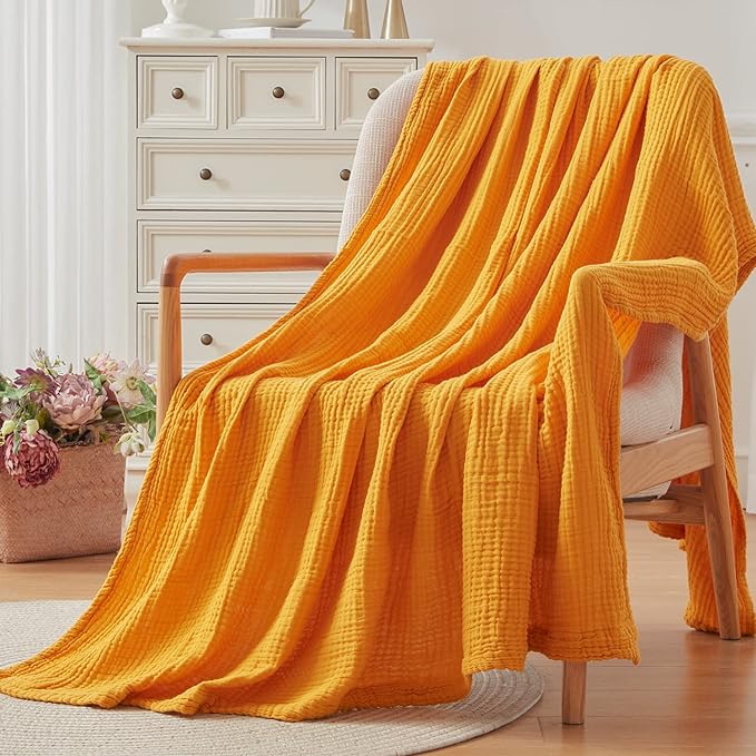 EMME Cotton Twin Blanket 100% Muslin Blanket for Couch Breathable Gauze Blanket All Season Soft and Lightweight Pre-Washed (Mustard Yellow, 60"x80")-Ruum Studio Home