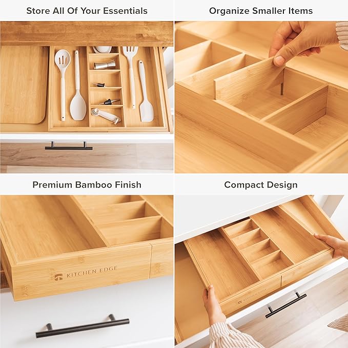 Adjustable Kitchen Drawer Organizer for Utensils and Junk, Food-Safe Contract Grade with 100% Sustainable Wood, Expandable from 19 to 33 Inches Wide - Natural Bamboo-Ruum Studio Home