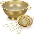 Norme 4 Quart Stainless Steel Gold Colander and 3 Pcs Gold Fine Mesh Strainer, Stainless Steel Pasta Rice Food Metal Strainer with Handles, Easy Clean and Dishwasher Safe-Ruum Studio Home