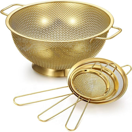 Norme 4 Quart Stainless Steel Gold Colander and 3 Pcs Gold Fine Mesh Strainer, Stainless Steel Pasta Rice Food Metal Strainer with Handles, Easy Clean and Dishwasher Safe-Ruum Studio Home