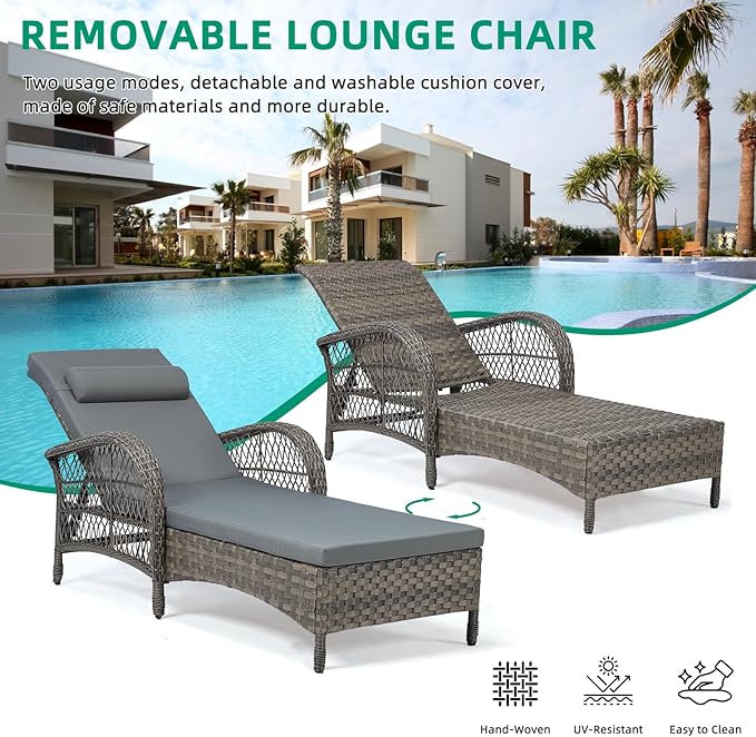 VIVIJASON Outdoor Wicker Chaise Lounge Chair, All-Weather PE Rattan Cushioned Patio Lounger Set with Side Table, 6-Position Adjustable Outside Pool Sunbathing Recliner with Armrest & Pillow, Gray-Ruum Studio Home