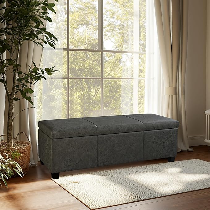 BELLEZE Storage Faux Leather Ottoman, 47 Inch Bench Bedroom Bench with Safety Close Hinge, Extra Long Ottoman with Storage for Living Room, Entryway, Hallway, Foot Rest, Support 300lbs - Rustic Gray-Ruum Studio Home
