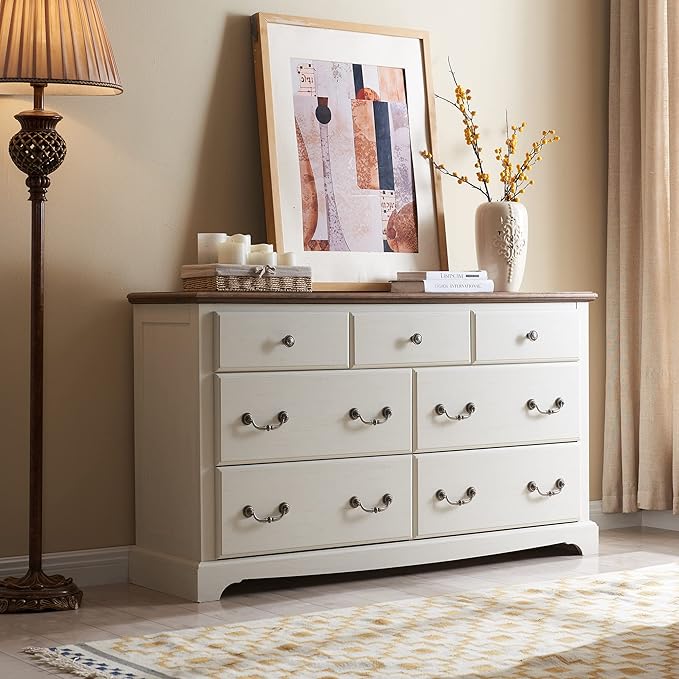 T4TREAM 7 Drawers Dresser Chests for Bedroom, Wood Vintage Chests of Drawers, Rustic Dressers Chset Organizer for Bedroom, Living Room, Hallway, Antique White-Ruum Studio Home
