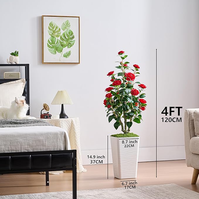 Artificial Camellia Tree 4FT Faux Trees Indoor Fake Floral Plant Blooming Tree with Red Flowers & White Tall Planter, Faux Camellia Plants for Porch Home Room Bedroom Office Front Door Outdoor Decor-Ruum Studio Home