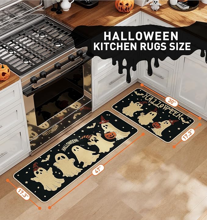 Halloween Kitchen Mat Set of 2, Pumpkin Ghost Bat Halloween Kitchen Decor, Halloween Rug for Floor, Indoor Spooky Home Decor with Non-Slip Backing,17 x 29 Inch & 17 x 47 Inch-Ruum Studio Home