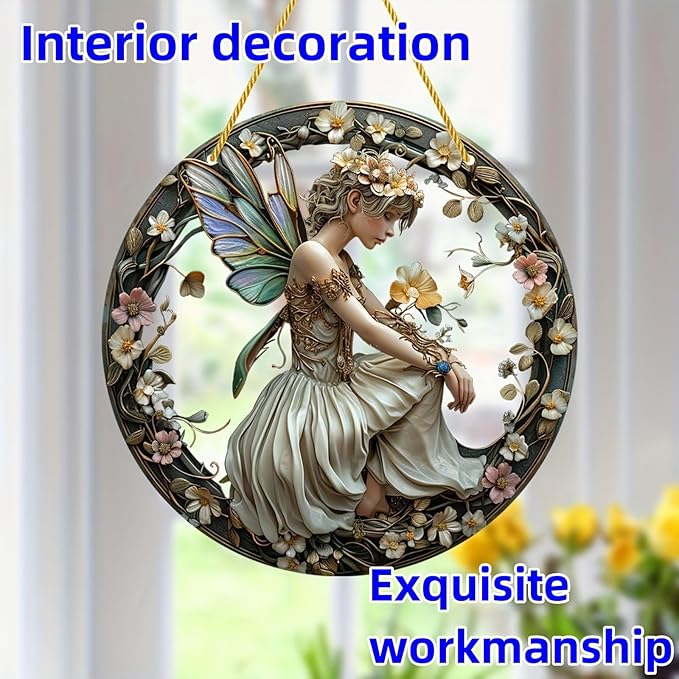 Flower Fairy Garden Decorations Angel Wing Christmas Halloween Deco Statue Art Elf Sculpture Hanging Craft for Outdoor Yard Courtyard Lawn Patio Window Acrylic Ornament Home Gift (C,S: 6*6 IN)-Ruum Studio Home