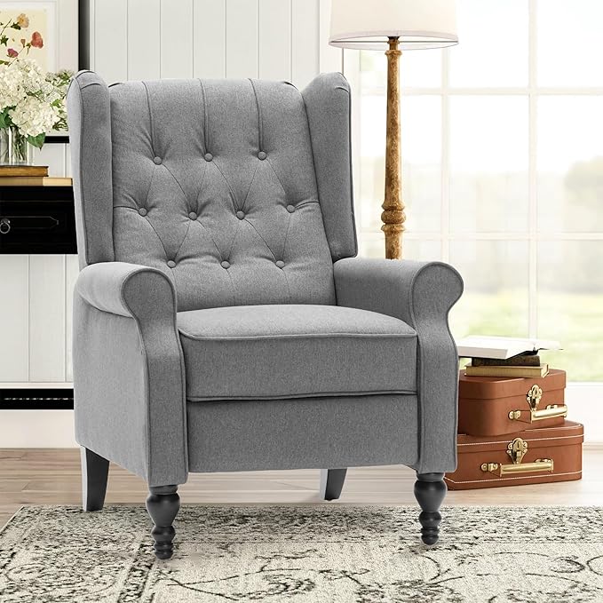 Mid Century Wingback Recliner Chair for Adults, Modern Linen Fabric Push Back Recliner Chairs with Button Tufted Upholstered Back & Footrest, Manual Recliner Chais for Living Room, Nursery, Gray-Ruum Studio Home