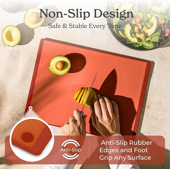SMIRLY Plastic Cutting Board Set with Holder 3 Pieces, Non-Slip Dishwasher Safe Chopping Boards for Kitchen, Orange-Ruum Studio Home