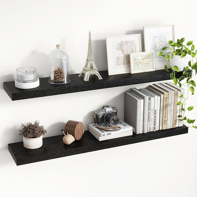 40 Inch Floating Shelves, 8 Inch Deep Floating Shelves for Wall, Hanging Shelf with Invisible Brackets, Deep Shelves for Bathroom, Bedroom, Living Room, Black, Set of 2-Ruum Studio Home