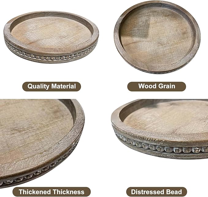 Round Wood Decorative Tray - Brown Washed Bead Tray for Coffee Table Wood Serving Tray Wooden Trays Decor Kitchen Counter Circle Tray Vintage Centerpiece for Living Room Candle Holder (15.75 inch)-Ruum Studio Home