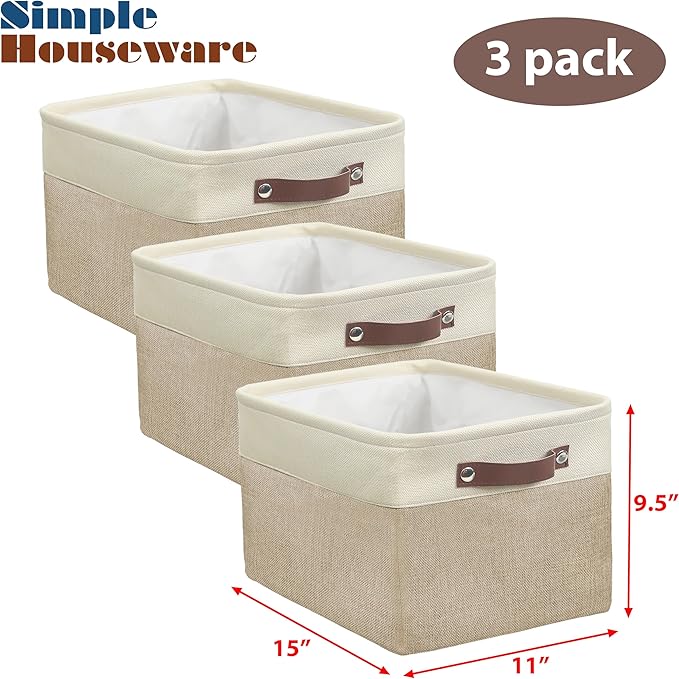 SIMPLE HOUSEWARE Large Fabric Storage Bin, 15" x 11" with Leather Like Handles, 3 Pack, Beige-Ruum Studio Home