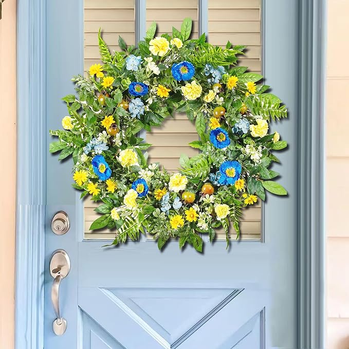 WANNA-CUL 24 Inch Spring Summer Carnation Wreaths for Front Door, Spring Front Door Wreath with Blue &Yellow Flowers Door Wreath with Pomegranates,Daisy for Wedding-Ruum Studio Home