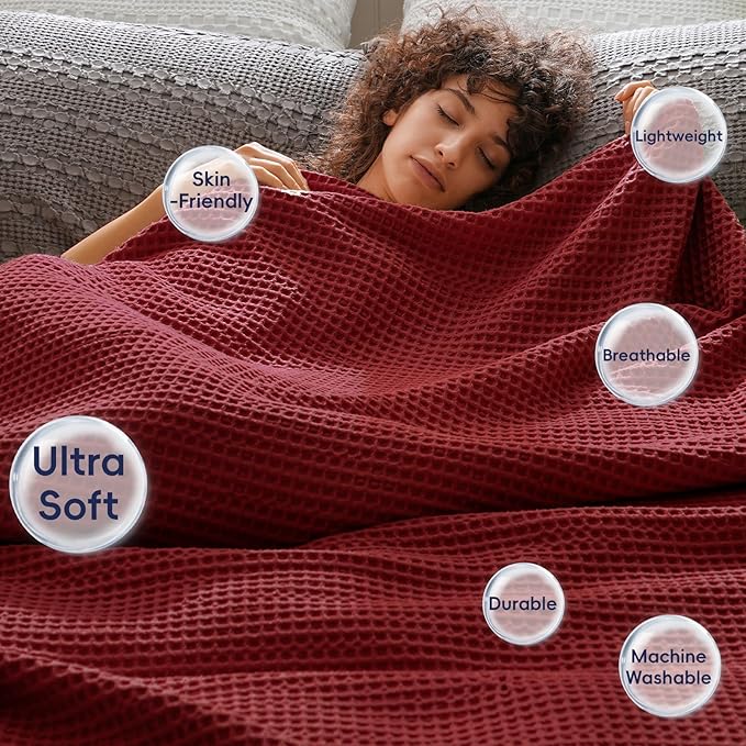 PHF Ultra Soft Waffle Weave Blanket King Size 104"x 90"- Washed Lightweight Breathable Cozy Woven Blanket for Bed - Aesthetic Decor for Couch Bedding Sofa Home Car - Wine-Ruum Studio Home
