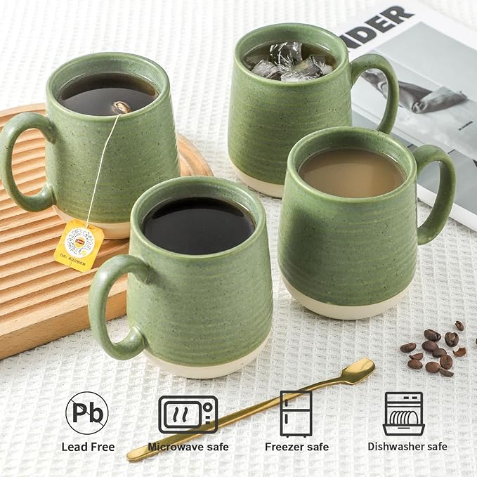 Hasense Porcelain Coffee Mugs Set of 4, 15 Oz Large Coffee Cups, Latte Cup with Handle, Tea Mugs for Men and Women, Modern Coffee Mug for Cappuccino, Milk, Cocoa, Microwave & Dishwasher Safe, Green-Ruum Studio Home
