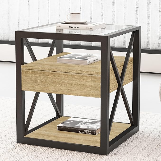 Farmhouse End Table, Modern Side Table with Drawer&3-Tier Storage Shelf, Square Rustic Nightstand, Accent Tea Table, for Bedroom Office Living Room, Brown, Natural Wood, Glass, Metal-Ruum Studio Home