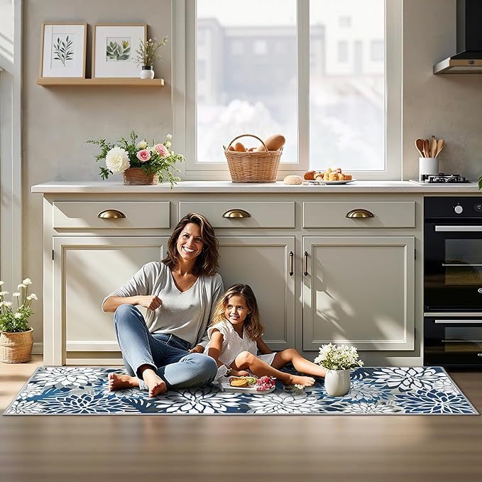 Area Rug 2x6 Blue White Washable Entry Rug Multicolored Tropical Botanical Modern Floral Indoor Kitchen Door Mat Entrance Carpet Non Slip for Bedroom Living Room, Porch-Ruum Studio Home