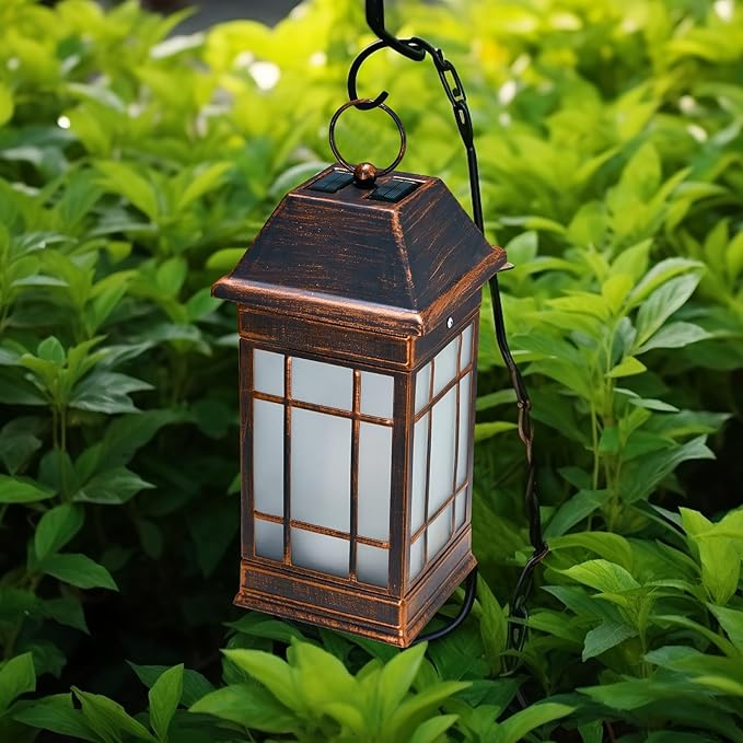 14" Solar Lantern Outdoor Waterproof, Glass Flickering Flame Solar Lanterns, Hanging Metal Lantern Decorative for Patio Front Porch Garden Backyard Tabletop Party Decoration-Ruum Studio Home