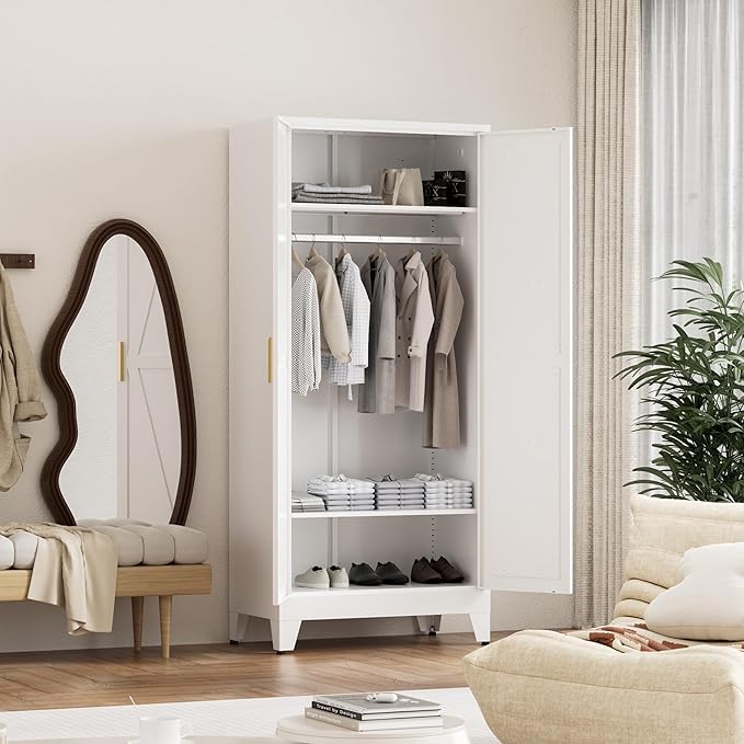 71'' Farmhouse Metal Wardrobe Cabinet with Hanging Rod, 2 Barn Door Wardrobe Closet with 2 Adjustable Shelves,for Dining Room,Bedroom,Living Room, Cloak Room,Office (White)-Ruum Studio Home