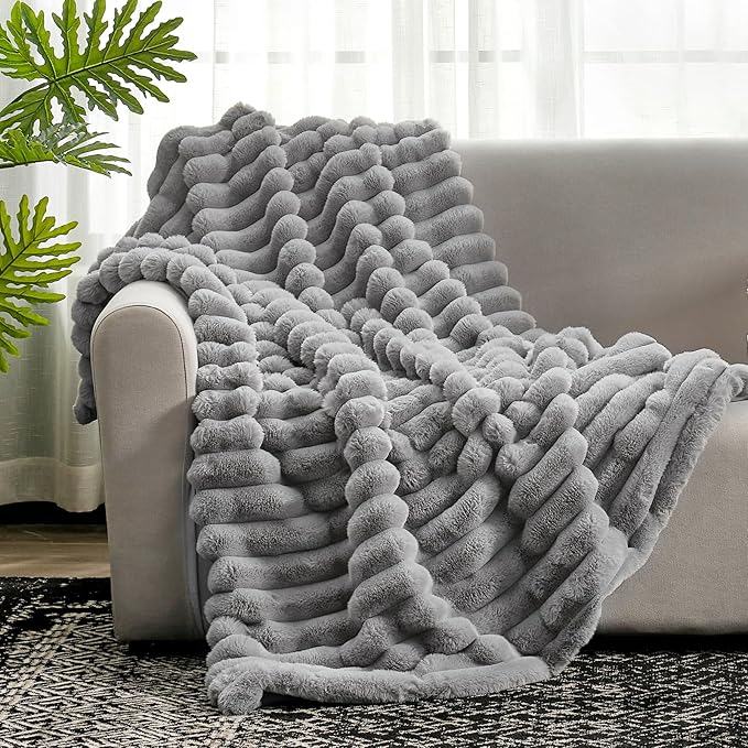Cozy Bliss Faux Fur Throw Blanket for Couch, Cozy Warm Plush Striped Blanket for Sofa Bedroom Living Room,60 * 80 Inches Grey-Ruum Studio Home