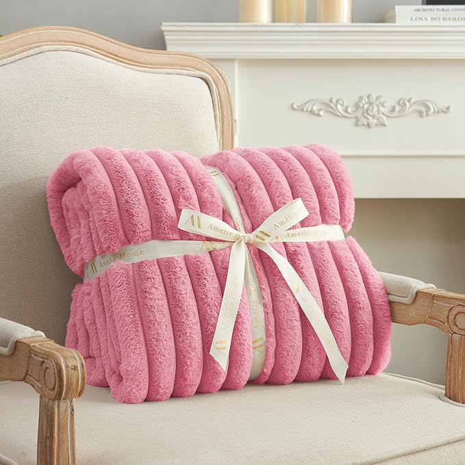 Amélie Home Faux Fur Throw Blanket for Couch, Cozy Fuzzy Fluffy Fur Luxurious Soft Striped Plush Gift Blankets for Family Sofa Chair Bed Living Room Bedroom, 55"x70", Pink-Ruum Studio Home