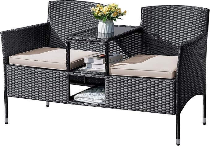 Flamaker Outdoor Furniture Patio Loveseat Wicker 2-Seat with Built-in Table and Cushions Rattan Porch Chairs Bench for Balcony, Lawn, Backyard (Beige)-Ruum Studio Home