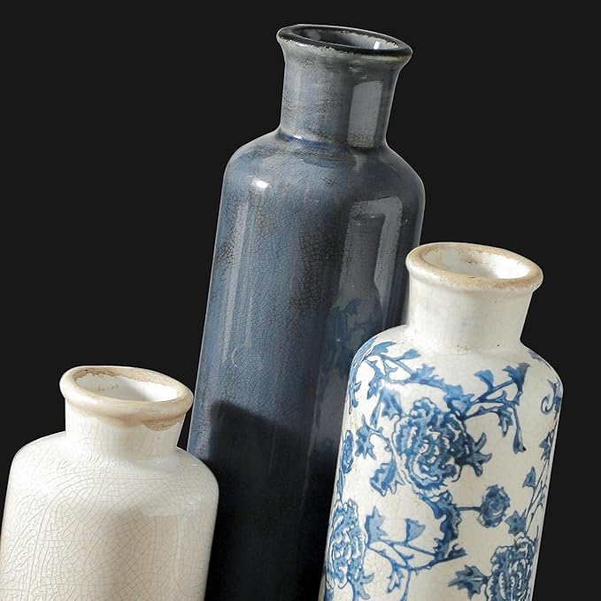 Ceramic Vintage Vases Set of 3, Blue and White Flower Decorative Vase Chinoiserie Decor Rustic Farmhouse Retro Floral Vases for Table Bookshelf Mantel Kitchen Living Room Office-Ruum Studio Home