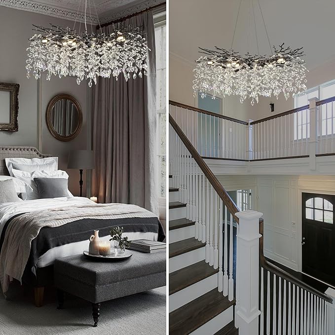 Modern Black Crystal Tree Branch Chandelier,14-Light 40" Black K9 Crystal Chandeliers for Living Room, Round Chandelier for Dining Room,High Ceiling,Kitchen Island,Foyer,Staircase-Ruum Studio Home