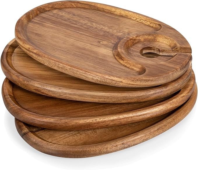 PICNIC TIME TOSCANA -Wine Appetizer Plates, Cocktail Plate with Glass Holder, Cheese Board with Wine Holder, (Acacia Wood), 9 x 6, Set of 4-Ruum Studio Home