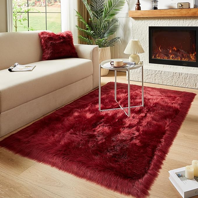 AMTOVO Faux Fur Sheepskin Rug for Living Room, 4 x 6 ft Burgundy Fluffy Area Rug for Bedroom, Playroom, Luxury Room Decor, Rectangle-Ruum Studio Home