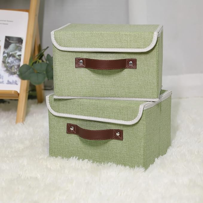 ANMINY 4PCS Storage Bins with Lid PU Leather Handles Storage Boxes PP Plastic Board Decorative Foldable Lidded Cotton Linen Fabric Home Cubes Baskets Closet Organizer Containers - Green, Small Size-Ruum Studio Home