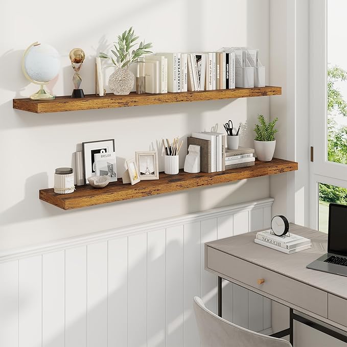 Fun Memories 55 Inch Fireplace Mantel Shelf -Long Floating Shelves, Deep Wall Mounted Farmhouse Display Shelves with Invisible Heavy Duty Metal Bracket, Brown, 2 Pack-Ruum Studio Home