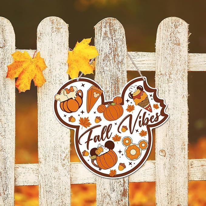 Fall Vibes Door Hanger, Fall Mouse Welcome Door Sign, Wooden Maple Leaves Mushroom Hanging Decor for Front Door, Fall Wood Wreath Wall Decors for Autumn Harvest Thanksgiving Home Decor-Ruum Studio Home